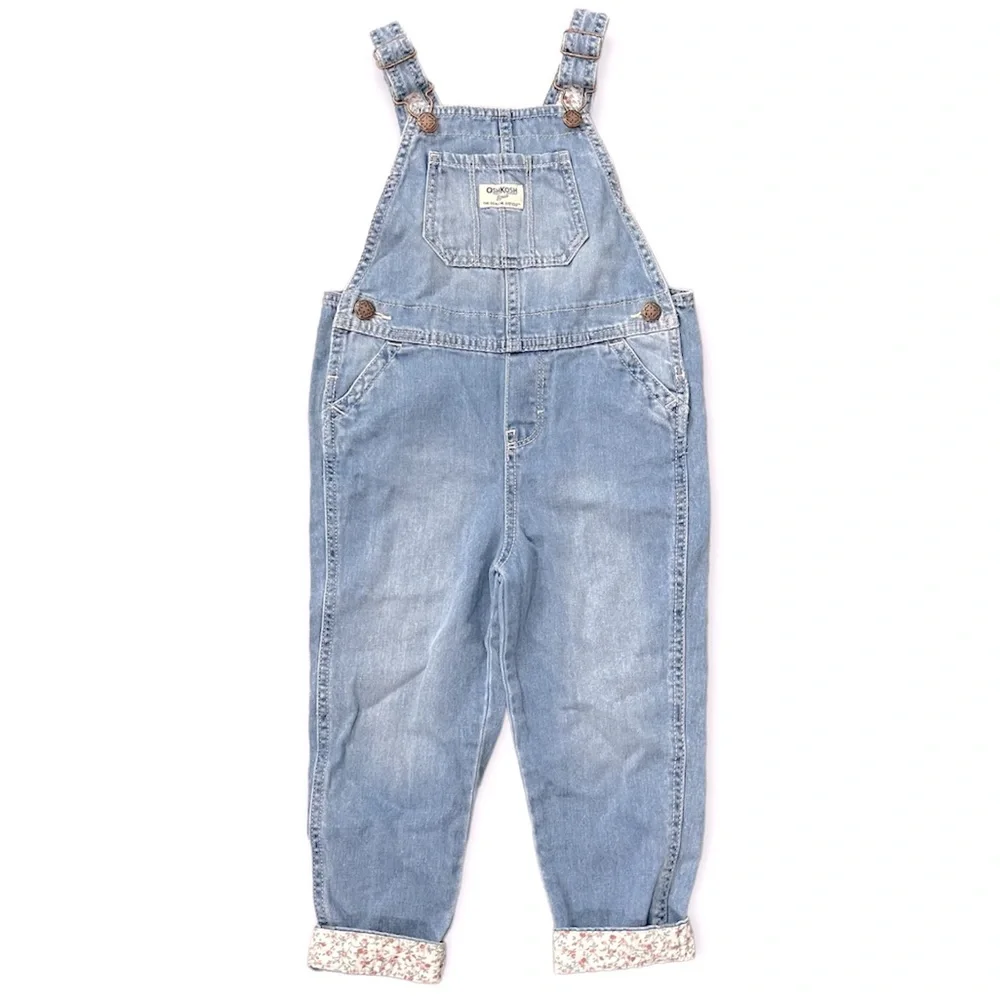 OshKosh B’gosh Toddler Girl’s Floral Trim Denim Vestbak Coverall Overalls 4T